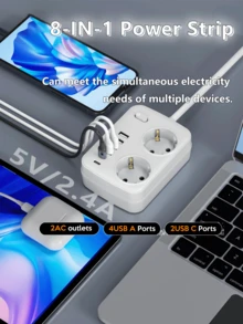1 bộ chống sét lan truyền đa cổng 8 trong 1, có 2 ổ cắm điện AC, 4 cổng USB-A, 2 cổng USB-C, công tắc nguồn độc lập, điện áp hoạt động 100-250V, thích hợp sử dụng tại nhà, văn phòng và trạm sạc khi đi du lịch. - Phích cắm loại F của EU (220-240V) - Xem 5