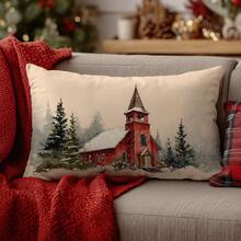 1 Stück Kissenbezug mit Motiv eines roten Hauses im Schnee, aus weichem Pfirsich-Samt, einseitig bedruckt 30*50CM, geeignet für Zuhause, Wohnzimmer, Schlafzimmer, Sofa, Weihnachtsdekoration, Urlaubsgeschenk (ohne Kissenfüllung) - Verschiedenfarbig - Übersicht 1