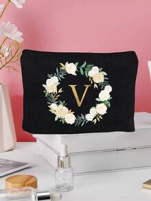 1个花卉字母A-Z印花化妆包，女士化妆包钱包，首字母缩写图案洗漱包，婚礼派对洗漱包，拉链手机钱包，铅笔盒，化妆包，手拿包，伴娘化妆包，洗漱用品收纳包，化妆包，旅行必备 - 彩色 - 查看 21