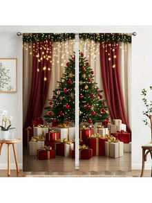 2PCS Festive Christmas Curtains With Tree And Gift Design - Translucent Privacy Curtains, Rod Bags For Easy Installation, Suitable For Bedroom, Living Room, Kitchen, Bathroom - Elegant Home Windows, Living Room Curtains | Festive Curtains | Translucent Materials, Living Room Christmas Curtains, Suitable For Halloween And Christmas