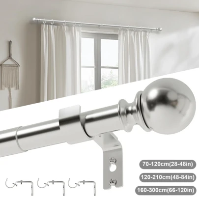 Lislark 1pc Black Curtain Poles With Round Finials, Curtain Pole Plain Metal Ball Extendable Curtain Pole 25mm Diamete/Adjustable Length For Bedroom, Dining Room, Living Room Or Kitchen, Single Curtain Rod Set (Black)
