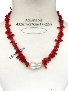 1PC Luxury Boho Retro Red Coral Natural Stones Handmade Pearl Necklace For Women Gift Box For Girls Summer Beach Collar