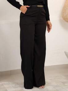 Kit Of 2 Women's Wide Leg Pants, High Waist Tailored Social Trousers With Belt And Pocket, Elegance, Luxury, Blogger - Đen và Caramel - Xem 8
