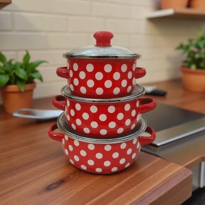 3 piezas Juego de utensilios de cocina de esmalte mini, olla de cocción de esmalte con doble asa de 0.5L/0.8L/1.2L, multiusos para cocina de gas/inducción, olla de sopa, olla de leche, tazón de ramen de estilo vintage