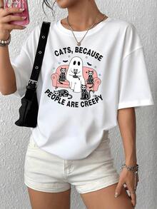 Camiseta gráfica "Cats Because People Are Creepy", diseño único inspirado en Halloween para mujer, camiseta de manga corta de mezcla de algodón suave, estilo casual con gatos fantasmas y esqueletos. - Blanco - Ver 1