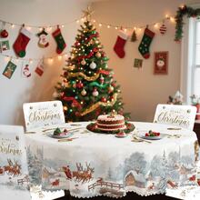 Conjunto de toalha de mesa e capa para cadeira com estampa digital decorativa de 1/4/5/6/35 peças, casa de neve de Natal, rena, Papai Noel, árvore de Natal - Toalha de mesa lavável e à prova de poeira para móveis internos, adequada para decoração de sala de jantar interna, reuniões familiares, presentes, festas de fim de ano