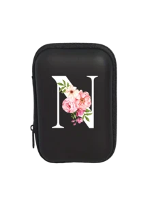 Tragbare Mini-Aufbewahrungstasche mit weißen Initialen A-Z, wasserdicht und stoßfest, Digitaltasche mit Zierapfelblütenmuster, Tasche mit Logoaufdruck für Handy-Ladekabel und Datenkabel, Reißverschlusstasche für Geldbörse, Datenkabel, Digitaltasche, Elektroniktasche, Aufbewahrungsvorrichtung für elektronische Geräte, Datenkabel, kabellose Ohrhörer, Bluetooth-Ohrhörer, für Geschäft, Tourismus, Schule, Universität, Büro