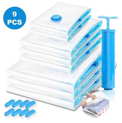 paquete de 9 bolsas de almacenamiento al vacío - Con bomba manual reutilizable para ahorrar espacio, bolsas de compresión de alta capacidad para guardar edredones, ropa, edredones, almohadas, bolsas de almacenamiento al vacío, bolsas de almacenamiento al vacío premium, paquete de 9 + bomba manual gratis para viajes, bolsas ahorradoras de espacio para ropa, almohadas y pijamas (azul)