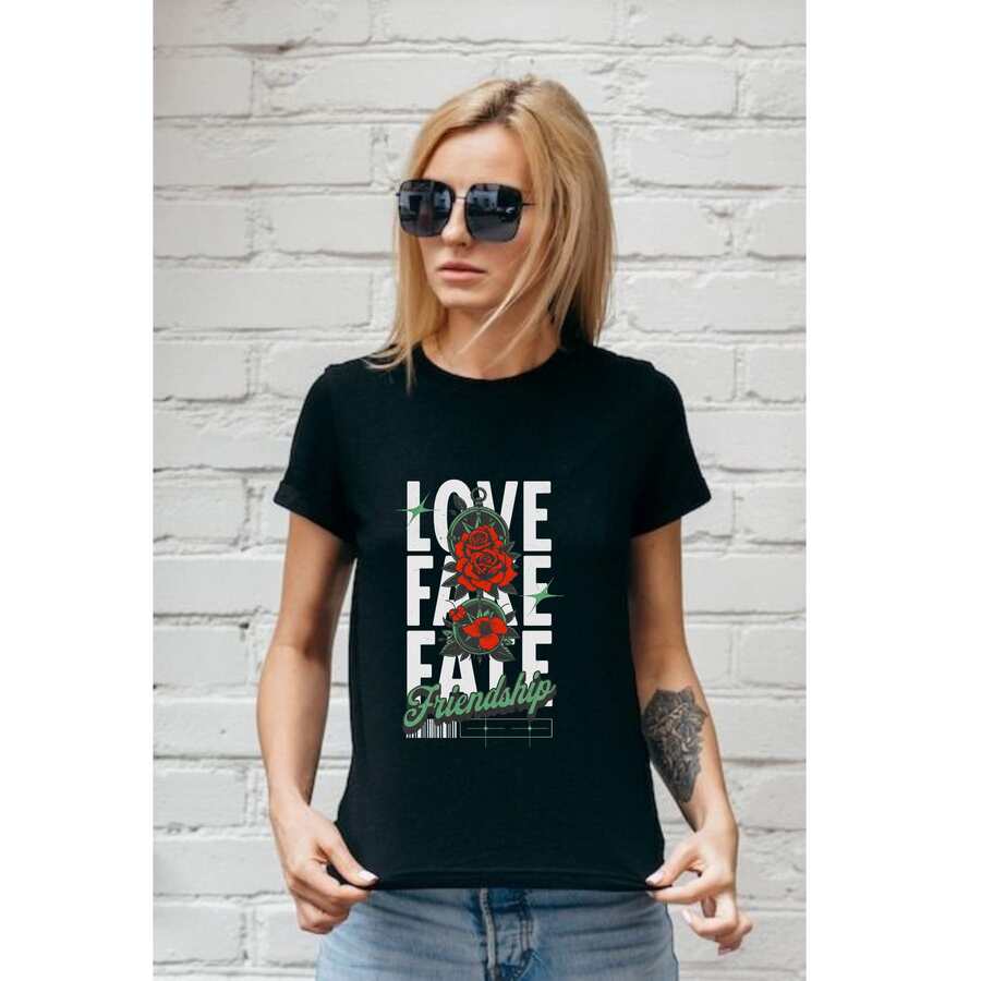 T- SHIRT PARA DAMA CON DISEÑO LOVE, DULCE, COMODA, CON TOQUE MODERNO - Negro - Ver 1