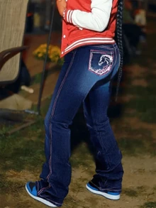 Women Horse Embroidered Flared Jeans With Retro Fade, Western-Inspired - Medium Wash - View 9