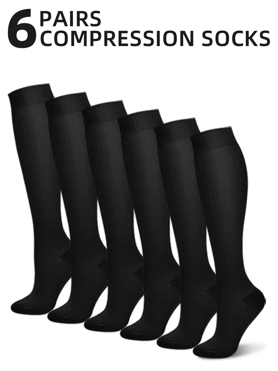 (6 Pairs) Knee-High Compression Socks  For  Women And Men For Outdoor Sports, Nursing Work, Running, Travel, Rugby, Soccer, Basketball, And Other Travel Sports High-Compression Sockings. - Multicolor - View 1