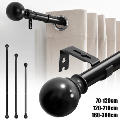 Lislark 1pc Black Curtain Poles With Round Finials, Curtain Pole Plain Metal Ball Extendable Curtain Pole 25mm Diamete/Adjustable Length For Bedroom, Dining Room, Living Room Or Kitchen, Single Curtain Rod Set (Black)