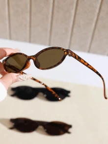 2025年新款1件装女士椭圆形小框个性化全框眼镜，豹纹镜框，黑色镜框，有色镜框，时尚眼镜，适合服装、拍照、返校季 - 灰色 - 查看 5