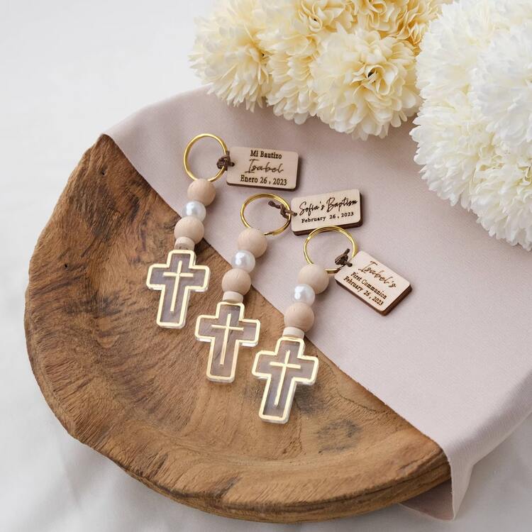 Chaveiro Personalizado de Cruz de Batismo, Suprimento a Granel de Lembrancinhas de Batismo, Lembrancinhas de Batismo para Meninas, Lembrancinhas de Primeira Comunhão para Meninos - Dourado - Visão 6