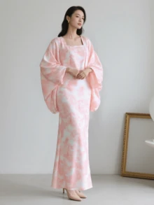 优雅穆斯林女装，穆斯林女式套装，开衫连衣裙套装，扎染连衣裙，印花套装，蝙蝠袖长袖上衣 - 粉色 - 查看 2