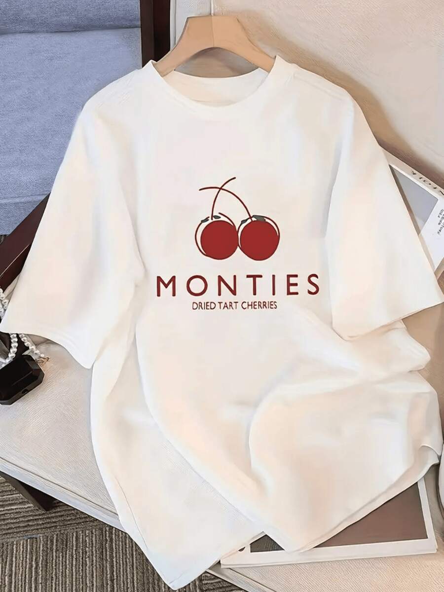 1Pcs Cherry Graphic Print T Shirt Women's Casual Summer Loose Fit Round Neck Short Sleeve Tee  Shirt  Aesthetic Cute Style - White - View 1