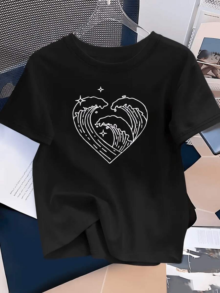 1pcs Heart Shaped Ocean Waves Star Sparkle Graphic Print T Shirt Vacation Travel Beach Lover Apparel Women's Casual Round Neck Tee Soft Relaxed Fit Modern Aesthetic - Black - View 1