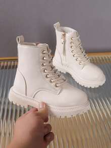 1 Pair Toddler Girls' Ivory Boots, Soft & Comfortable PU Material, Front Lace-Up With Golden Eyelets, Side Zipper, Round Toe, Thick Sole, Fashion & Cute Princess Style, Suitable For 3-12 Years Old, Casual, School, Holiday Wear, Autumn/Winter New - Beige - View 7