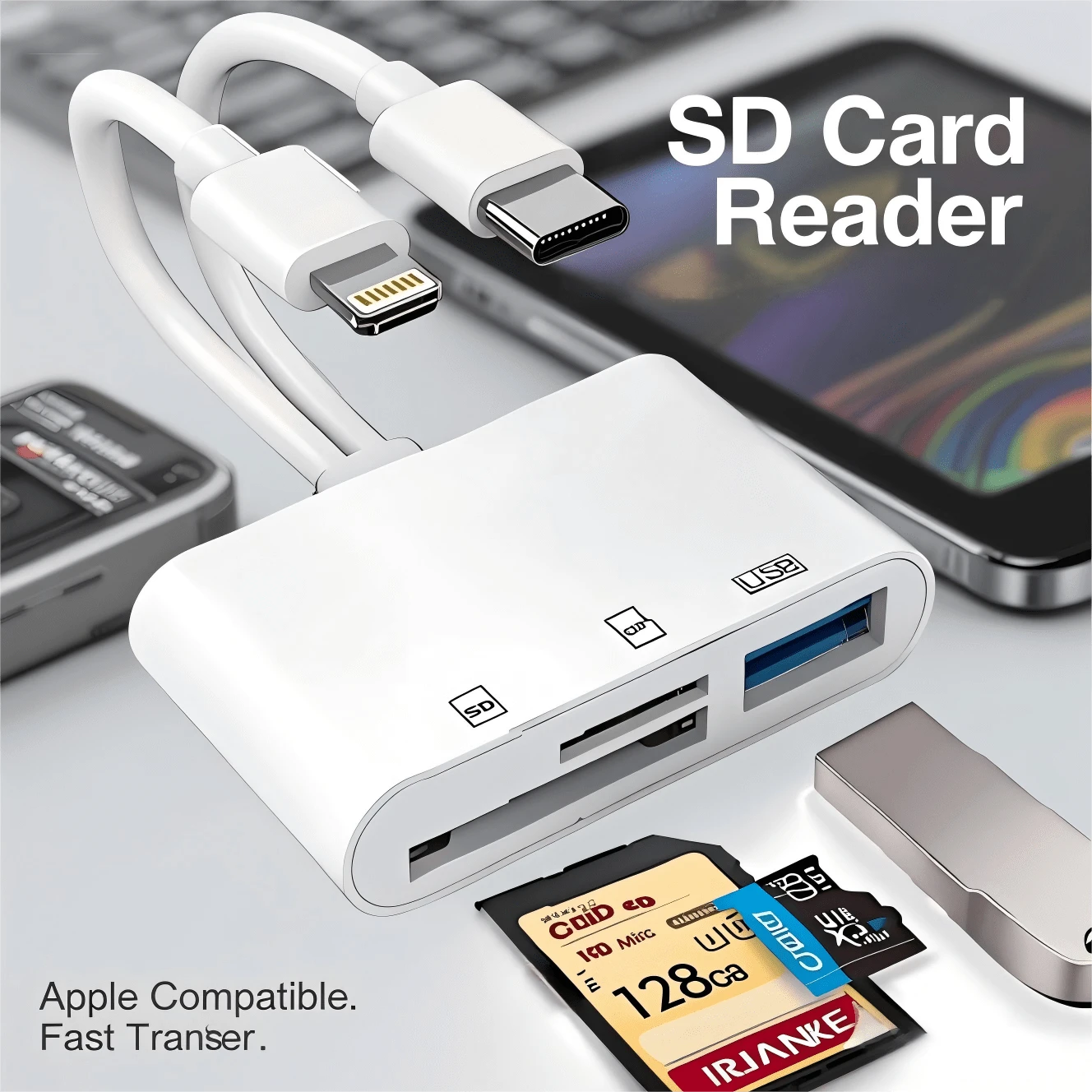 SD Card Reader For IPhone, IPad, USB C And Lightning Dual Port SD Card Adapter, Memory Card Reader For Camera Adapter, Support SD, Micro SD, USB 3.0, No App Driver Required - White - View 1
