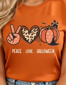 Camiseta de manga corta con estampado de Halloween con diseño de PEACE LOVE HALLOWEEN con cuello redondo, playeras para mujer, blusas gráficas para mujer - Naranja - Ver 2