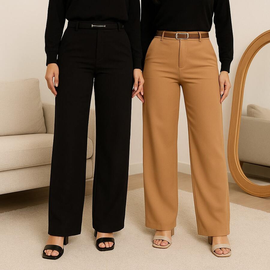 Kit Of 2 Women's Wide Leg Pants, High Waist Tailored Social Trousers With Belt And Pocket, Elegance, Luxury, Blogger - Đen và Caramel - Xem 1
