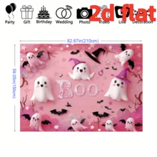 1 pièce Toile de fond de fête thème Halloween en rose "Boo", fantômes blancs mignons, chapeaux magiques roses, motifs de chauves-souris et d'étoiles. Cette toile de fond de fête convient pour la décoration murale intérieure et extérieure, les accessoires de studio photo, 210 x 150 cm