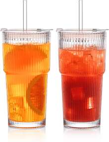 2-Piece Set Of 600ml/21oz Large Capacity Water Cups, New Women's Summer Glass Cup With Lid And Straw, Vertical Striped Glass Cup - 透明的 - 查看 7