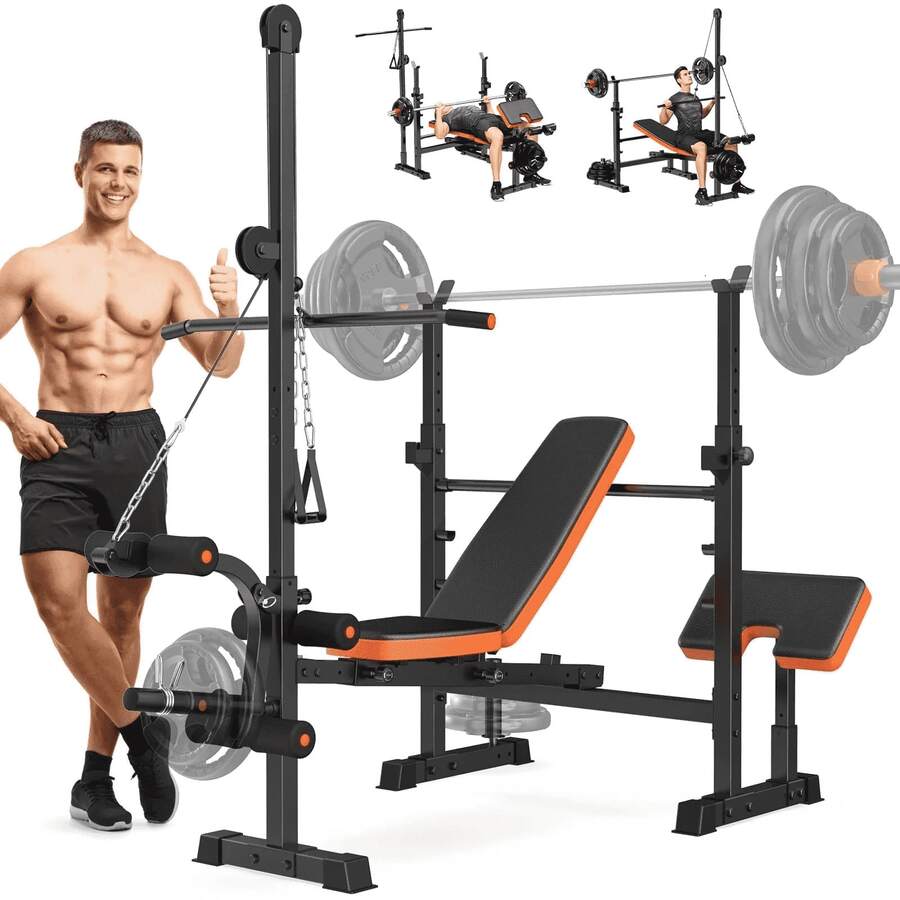 GIKPAL 800lbs 8-In-1 Adjustable Weight Bench Set With Lat Pull Down, Leg Extension And Leg Curl, Chest Fly And Preacher Curl Workout Bench Multi-Function Strength Training Bench Press Exercise Equipm - Orange - View 1