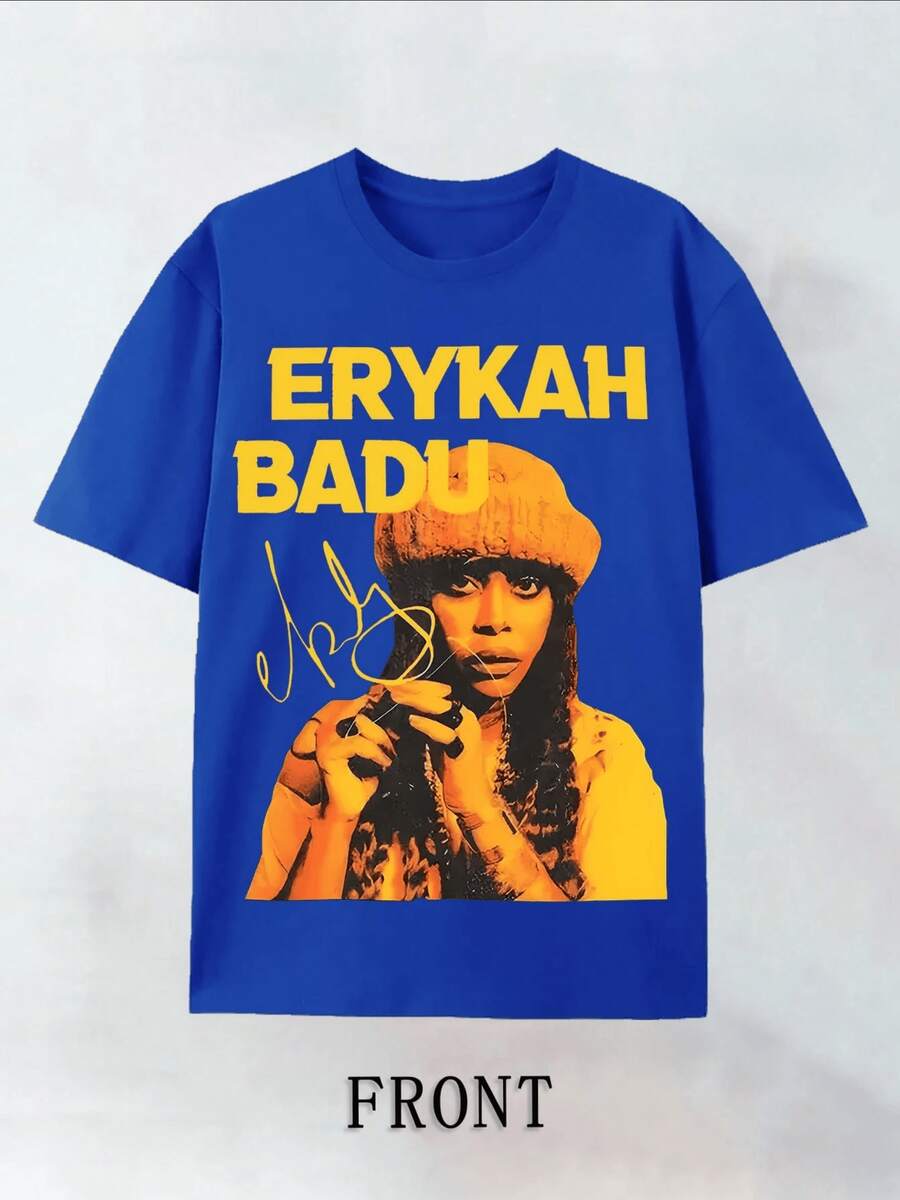 For Erykah Badu Portrait Graphic Plus Size TShirt 220g Featuring A Vibrant Yellow And Black Image With Her Signature A Must Have Fans Of Soul Music - 藍色 - 查看 1