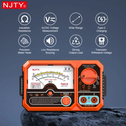 NJTY 1 件指针式绝缘电阻表，兆欧表，USB 充电，1000V 电压测量，低电阻警报，带便携包和夹子，测试导线