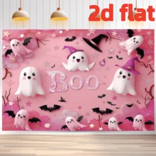 1 pièce Toile de fond de fête thème Halloween en rose "Boo", fantômes blancs mignons, chapeaux magiques roses, motifs de chauves-souris et d'étoiles. Cette toile de fond de fête convient pour la décoration murale intérieure et extérieure, les accessoires de studio photo, 210 x 150 cm