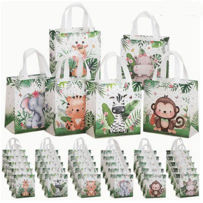 6/12/18/24/30pcs Spring Party Gift Bags & Tote Bags - Jungle Adventure Foldable Gift & Shopping Bags With Forest Animal Print, Polypropylene, Ideal For Birthdays, Weddings, And More, Party Gift Bags | Jungle Adventure Design | Durable Gift Bag, Jungle Themed Gifts