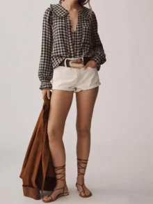 Women's Plaid Long Sleeve Shirt With Ruffle Collar Button Front And Cuff Details - Brown - View 3