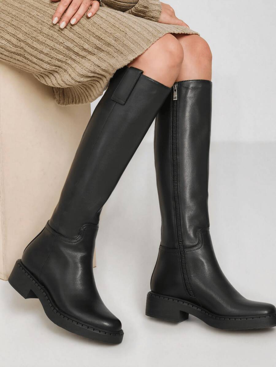 Women's Fashion Knee High Boots Faux Leather Long Low Chunky Heel Square Toe Side Zipper Boots Elegant Fall Winter Boots - 黑色pu - 查看 1