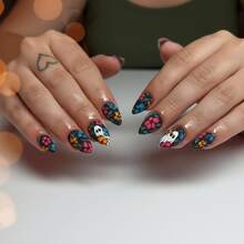 Halloween Floral & Skull Almond-Shaped Finished Press-On Nails |   Nail Art