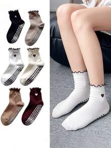 6双装女士防滑普拉提瑜伽袜，中筒袜，专业健身透气防滑袜，可爱硅胶材质，耐磨，心形刺绣蕾丝运动袜 - 彩色 - 查看 2