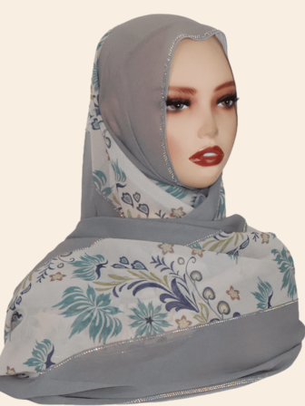 1 件女士时尚穆斯林头巾围巾，雪纺面料彩色拼布印花长宽围巾，休闲时尚头巾披肩，中东水钻材质，高端，透气，四季皆宜