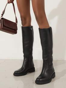 Women's Fashion Knee High Boots Faux Leather Long Low Chunky Heel Square Toe Side Zipper Boots Elegant Fall Winter Boots - 黑色pu - 查看 4