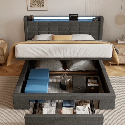 90*190cm/135*190cm/150*200cm Upholstered Bed Frame With Hydraulic Lift & Drawers , Single/Double/King Size Bed Frame With LED Lighting , Linen Functional Ottoman Storage Bed, Grey