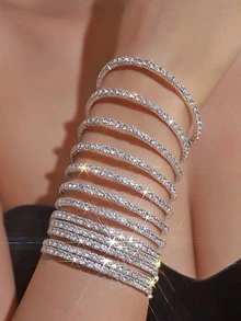 12pcs Sparkling Rhinestone Elastic Bracelet Set For Party, Bridal Wedding Accessories, Bracelet Stack - Silver - View 6
