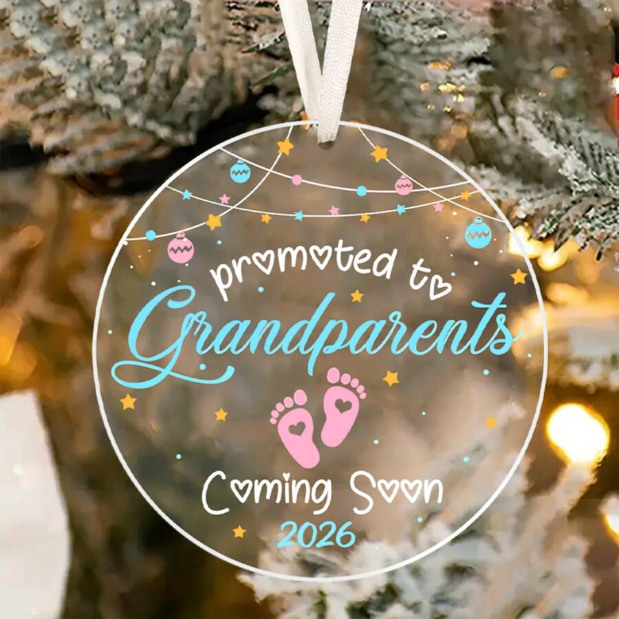 1pc/2pcs 2026 Newborn Baby Coming Soon Round Clear Acrylic Decorative Ornament,Pregnancy Announcement, Nursery Decor, Bedroom Decor, Christmas, Christmas Tree Ornament