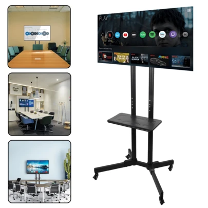 Lislark Mobile TV Stand On Wheels, Rolling TV Cart With Media Shelf, TV Mount Stand With Tilt, 2-Level Height Adjustable Low-Profile Design For 32 To 65in LED/LCD/OLED TVs, Holds 30-40kg