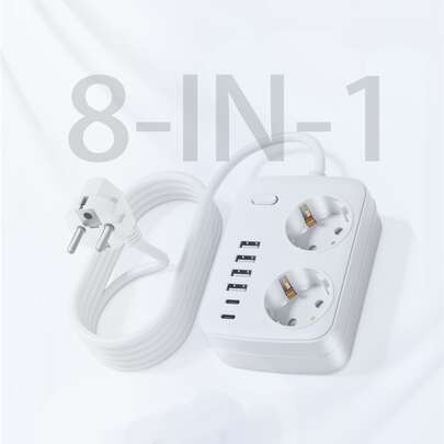1pc 8-In-1 Multi-Port Surge Protector, With 2 AC Power Outlets, 4 USB-A Ports, 2 USB-C Ports, Independent Power Switch, Working Voltage 100-250V, Suitable For Home, Office And Travel Charging Station Use.