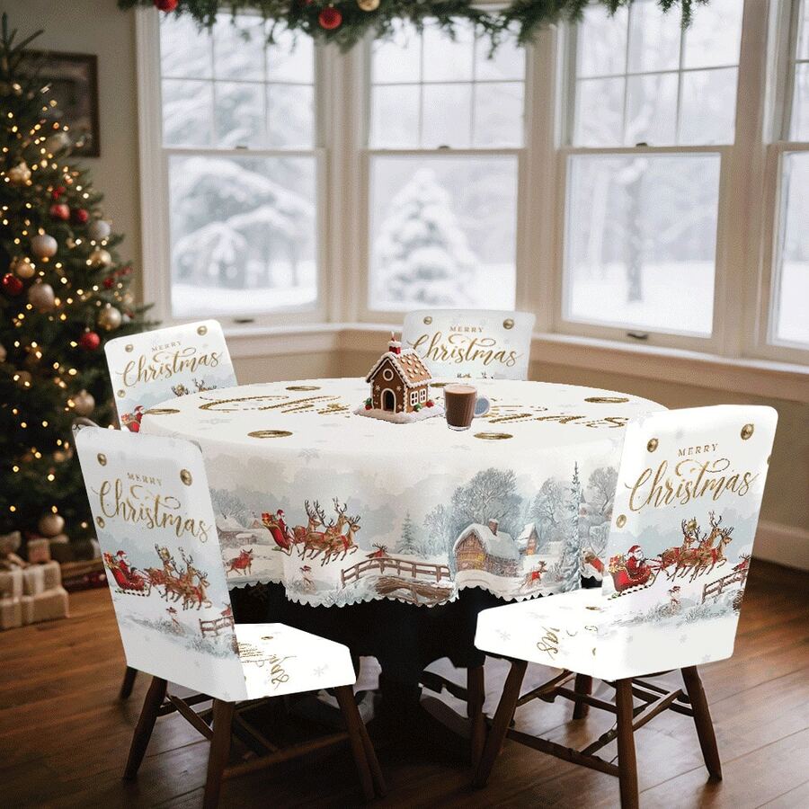 Conjunto de toalha de mesa e capa para cadeira com estampa digital decorativa de 1/4/5/6/35 peças, casa de neve de Natal, rena, Papai Noel, árvore de Natal - Toalha de mesa lavável e à prova de poeira para móveis internos, adequada para decoração de sala de jantar interna, reuniões familiares, presentes, festas de fim de ano