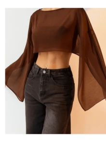 Cropped Tulle Cape With Open, Flowing Sleeves - Rust Brown - View 2