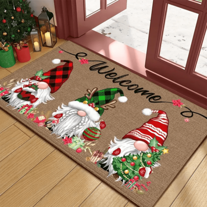 1 pezzo Zerbino di benvenuto di Babbo Natale - lavabile, decorato con tre nani e decorazioni natalizie, perfetto per la decorazione invernale della casa e come regalo di Natale. Decorazione natalizia | Decorazione a quadri, antiscivolo e assorbente, utilizzabile sia in interni che in esterni, ideale per bagno, cucina e decorazione in stile fattoria. Tappeto da cucina