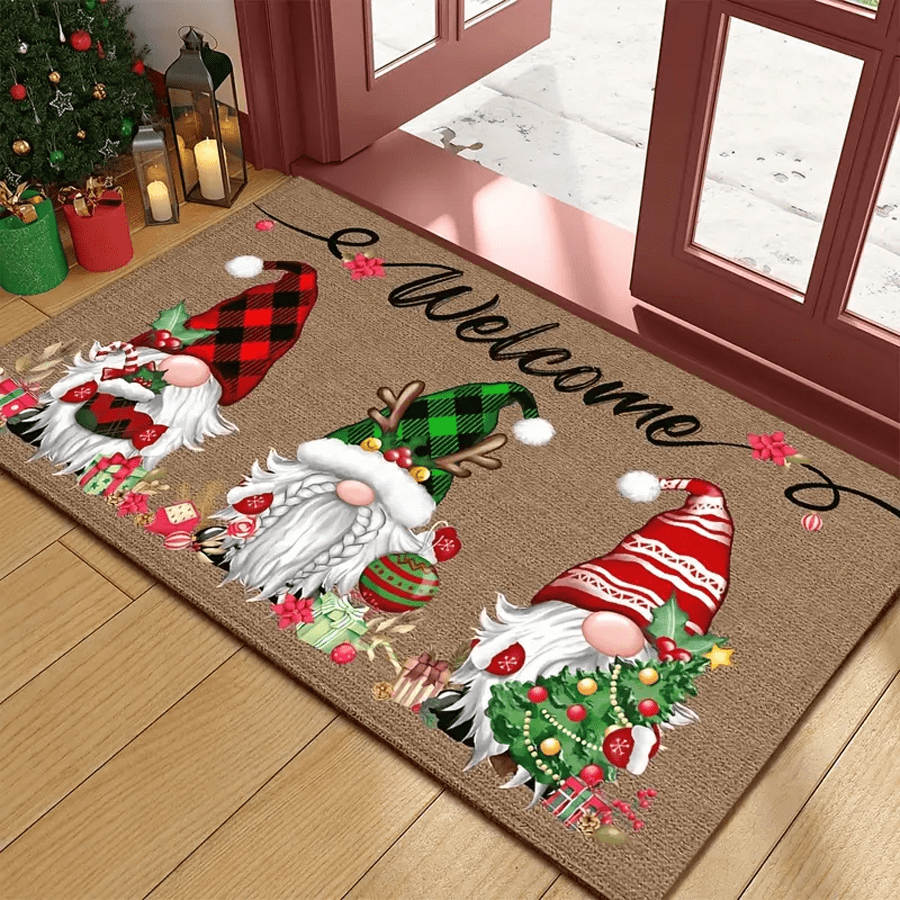 1pc Santa Claus Welcome Doormat - Washable, Decorated With Three Dwarfs And Seasonal Decorations, Perfect For Winter Home Decoration And Christmas Gifts. Christmas Decoration | Plaid Pattern Decoration, Non-Slip And Water-Absorbent, Can Be Used Indoors And Outdoors, Ideal For Bathroom, Kitchen And Farmhouse Decoration. Kitchen Rug