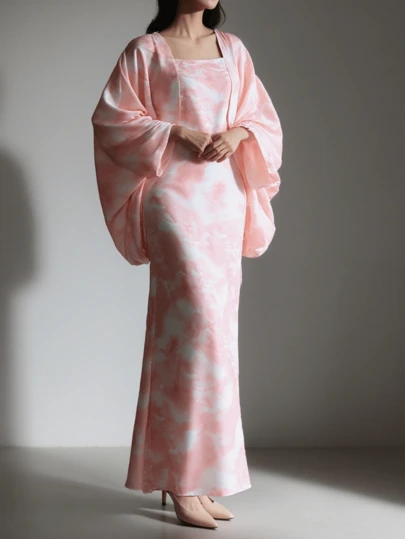 Muslim Dress For Women Elegant,Set Outfit For Women MuSlim,Open Front Dress Set,Tiedye Dress,Printed Suit,Batwing Top Long Sleeve