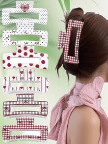 3pcs/6pcs Elegant Resin Claw Clips, Medium Hair Claw With Heart & Bow Print, Cute Rectangular Hair Accessories, Suitable For Women And Girls Fashion Hair Clutch