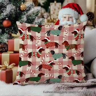 MEMNUN 1 pièce Housse de coussin imprimée avec un chien teckel portant un chapeau de Père Noël en tartan rouge, 45 x 45 cm / 50 x 50 cm / 40 x 40 cm, [impression unilatérale] Décoration de Noël, décoration de chambre, décoration de maison, décoration de chambre à coucher, accessoires de décoration pour canapé, lit, salon, chambre à coucher, voiture, bureau, hôtel, taies d'oreiller, convient à toutes les saisons, cadeau parfait pour la famille et les amis